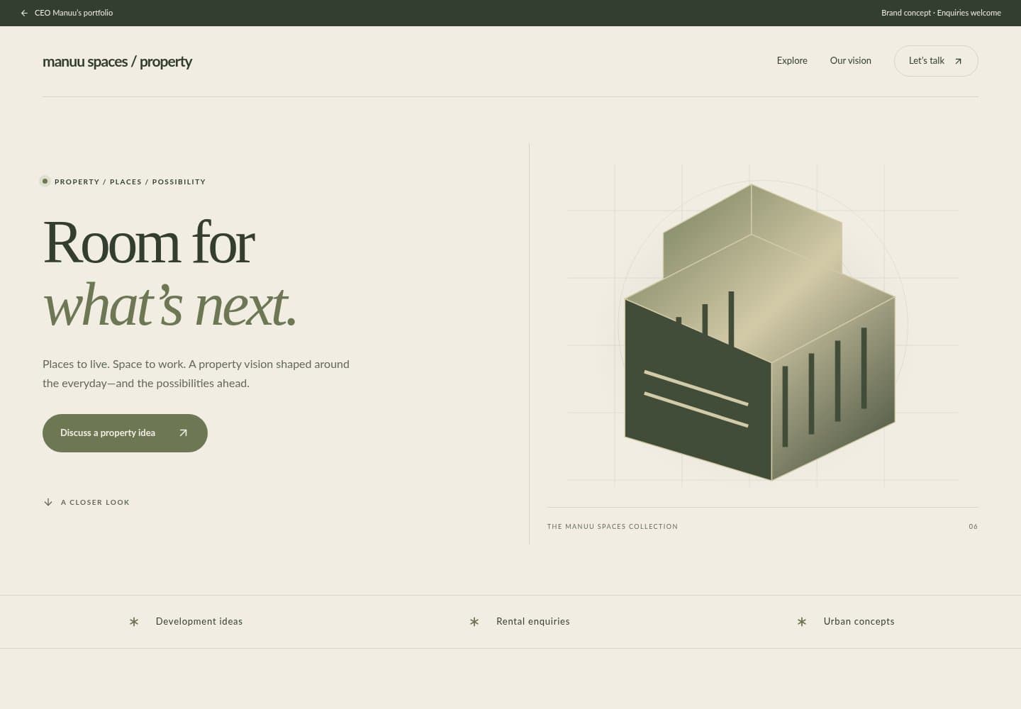 Manuu Spaces · Property website homepage preview