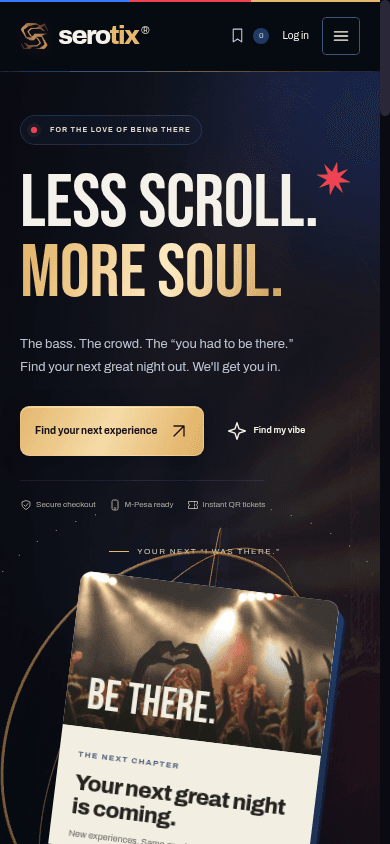 SeroTix homepage showing the event discovery experience.